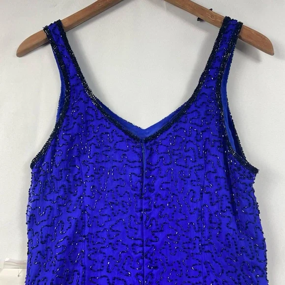 NWT Shalimar Silk Beaded Gown Med Blue Dress Evening Glam Artsy Elegant Maxi 90s